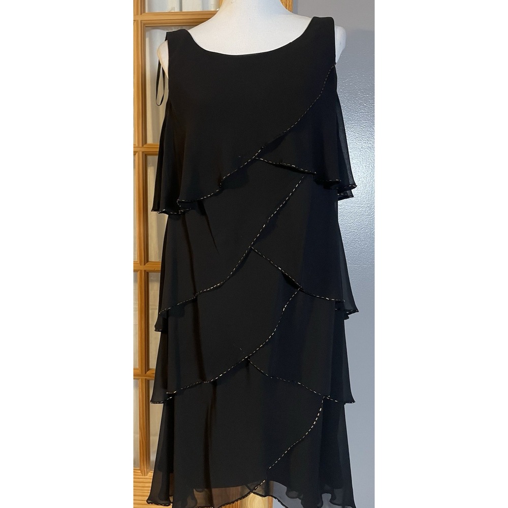 90s SL Fashions Layered Midi Dress 14W Black Beaded Cocktail Whimsigoth Classic